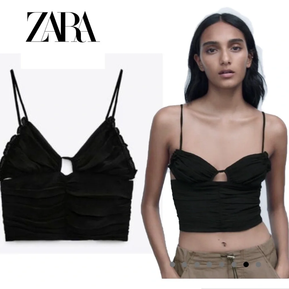 Zara Black Ruched Cut Out Crop Top Camisole sweetheart neckline strappy M NWOT - Picture 2 of 10